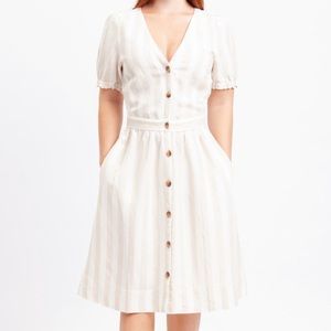 LOFT | Linen Blend Puff Sleeve Button Front Midi Stripe Dress Size 12 525659